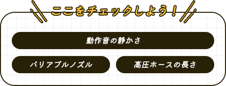 ここをチェックしよう！ 動作音の静かさ バリアブルノズル 高圧ホースの長さ