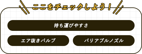 ここをチェックしよう！ 持ち運びやすさ エア抜きバルブ バリアブルノズル